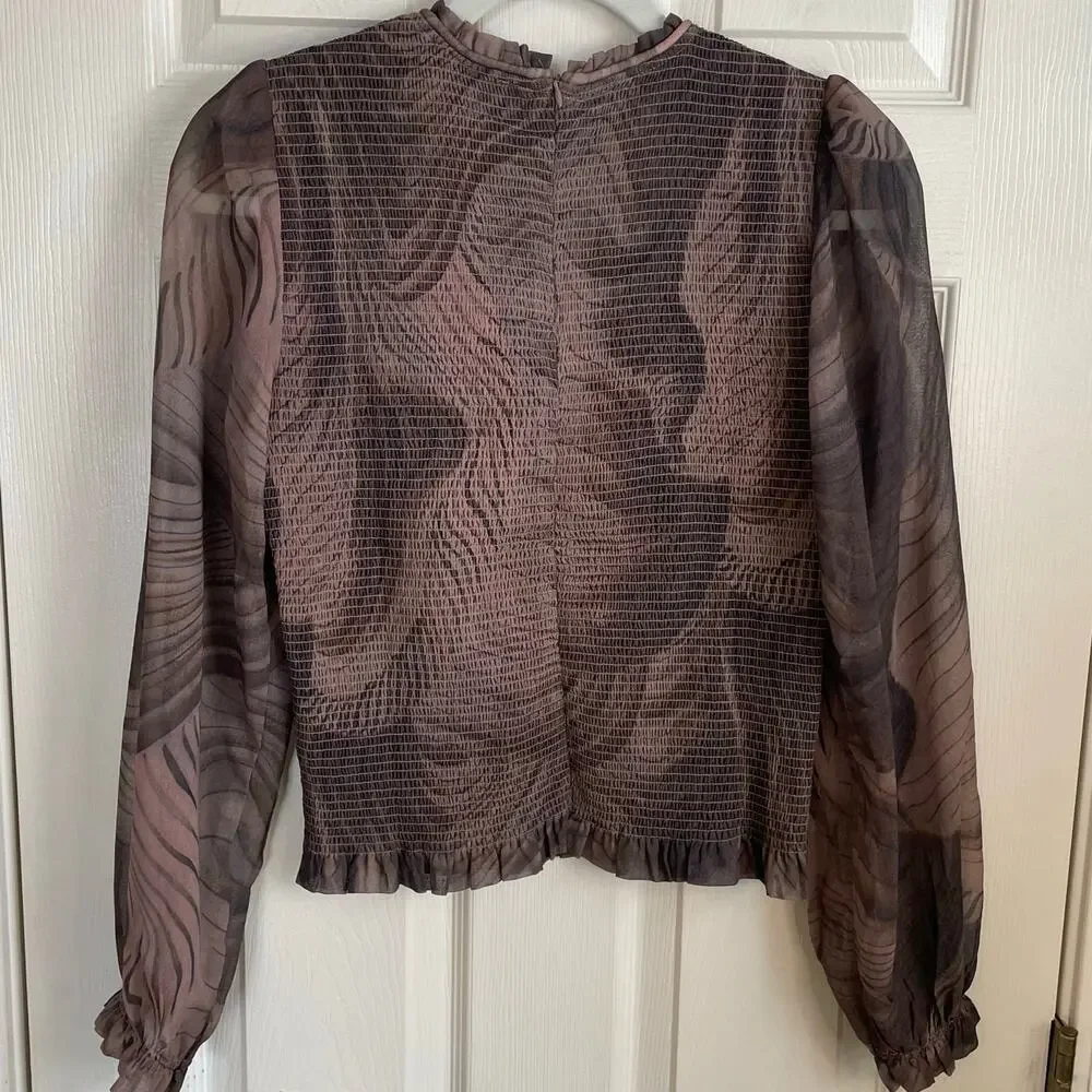 Truth By Republic NWT *FLAW* Smocked Blouse Top Sz M Sheer Long Sleeves Brown - Picture 4 of 14